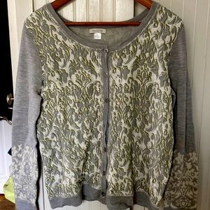 Garnet Hill Luxe Merino & Silk beaded Sweater.  M.  Floral, Gray & White.  New